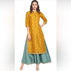 Janasya Indian Women's Mustard Foil Printed Poly Silk Ethnic Dress 👗
